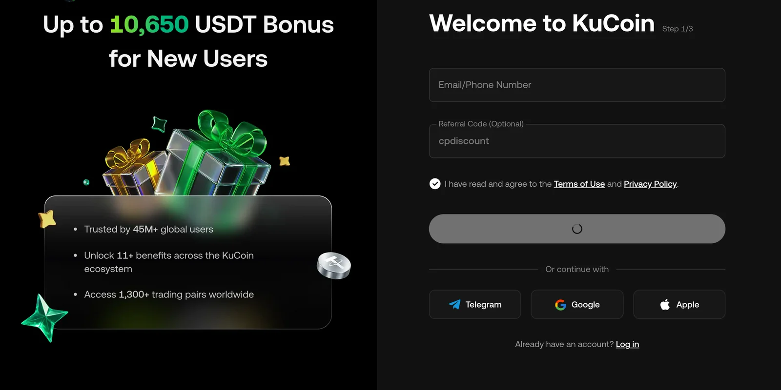 Страница регистрации KuCoin, открытая по реферальной ссылке cpdiscount, с предзаполненным полем «Реферальный код» (cpdiscount) и бонусом для новых пользователей до 10,650 USDT